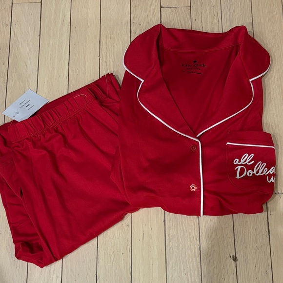 NWT Kate Spade “All Dolled Up” Red Pajama Set with White Piping - Picture 3 of 7